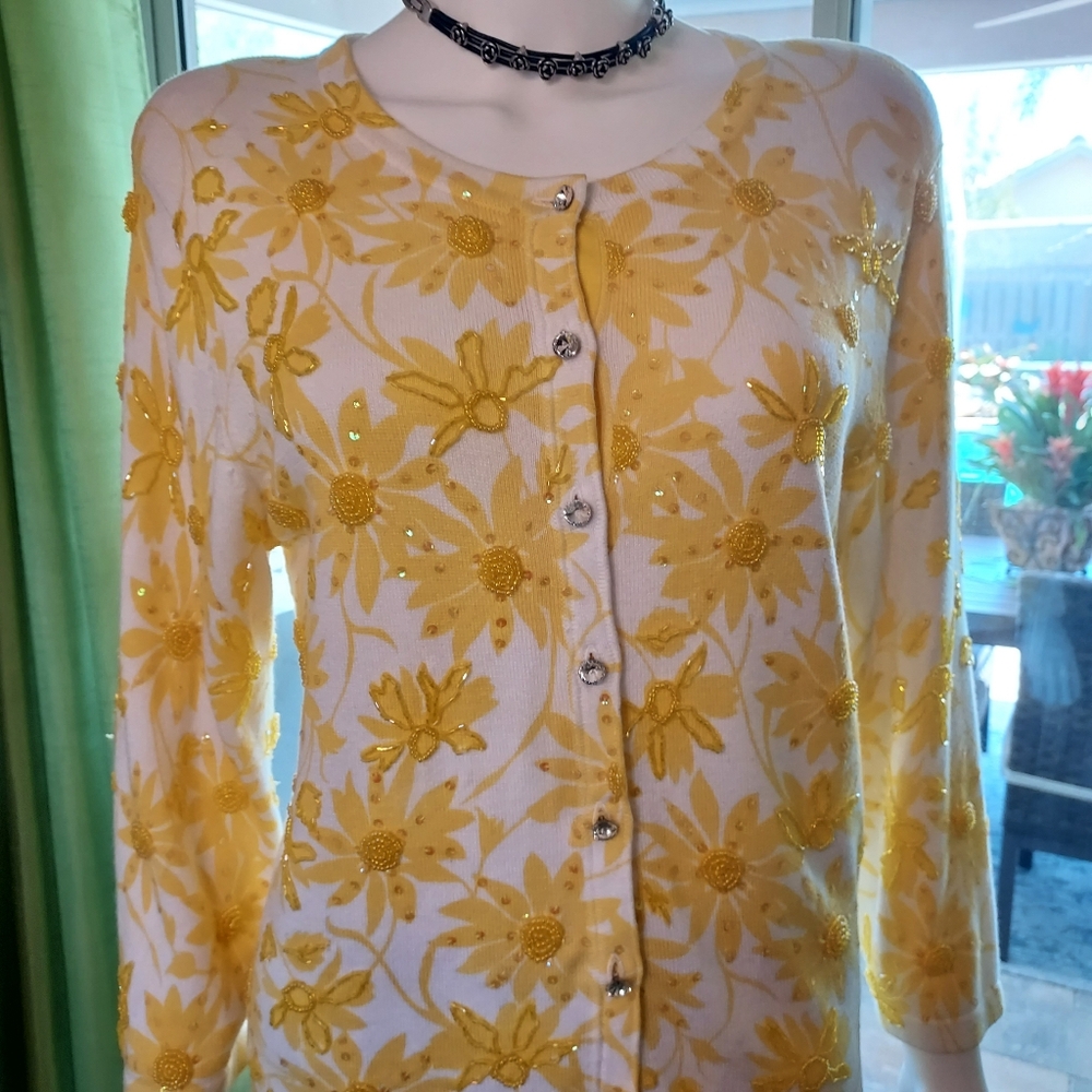 Beaded & Embroidered Yellow Flowered Cardigan Sweater By Just B. Sz. L. - Picture 2 of 13